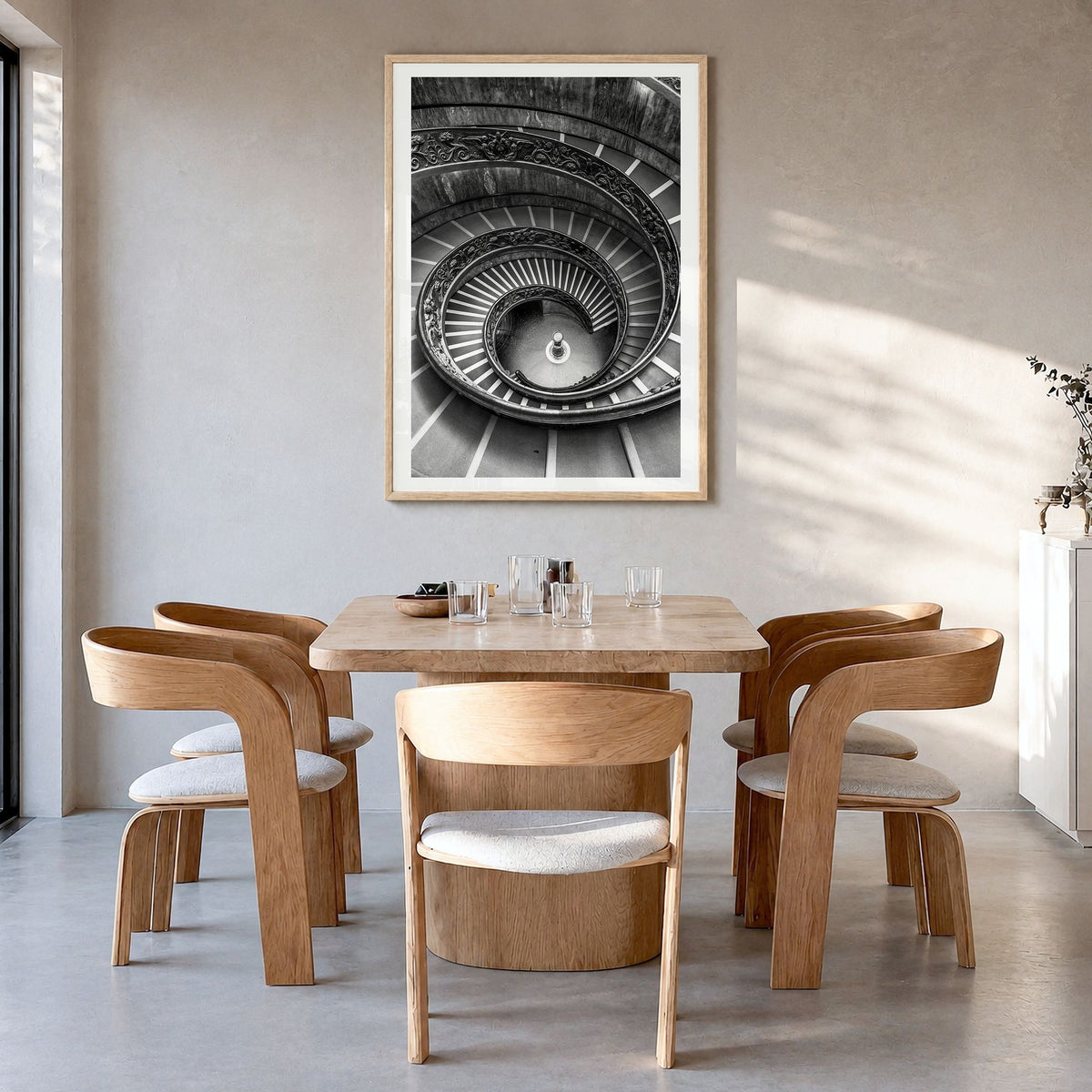 Architecture Photo No 3 Poster in a natural wood frame, hanging in a dining room, white border