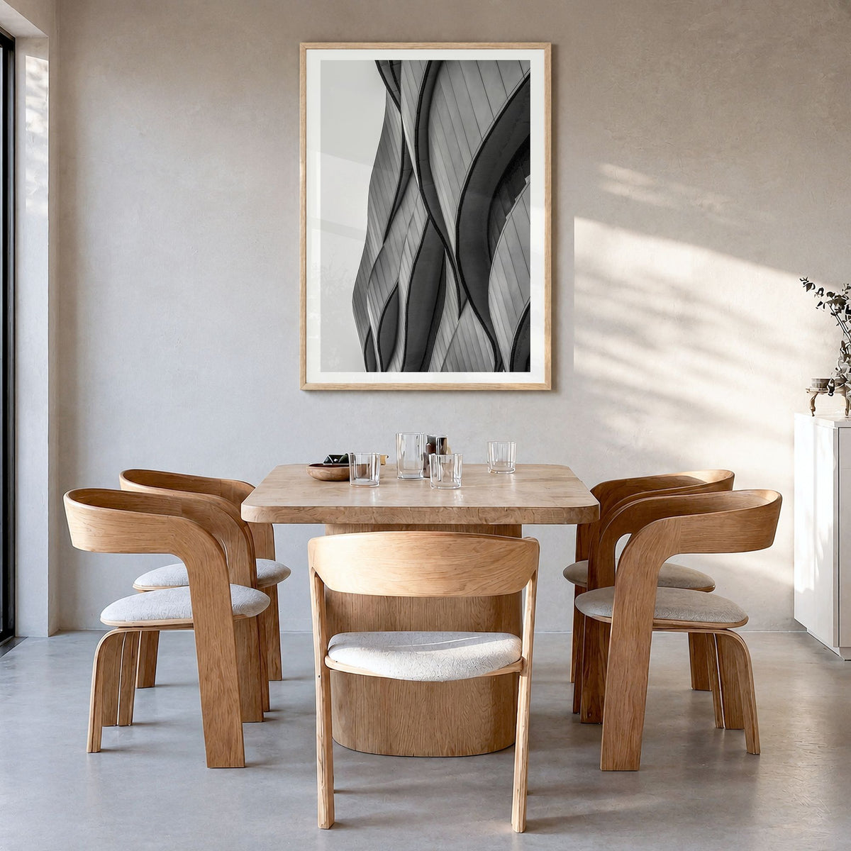 Architecture Photo No 6 Poster in a natural wood frame, hanging in a dining room, white border
