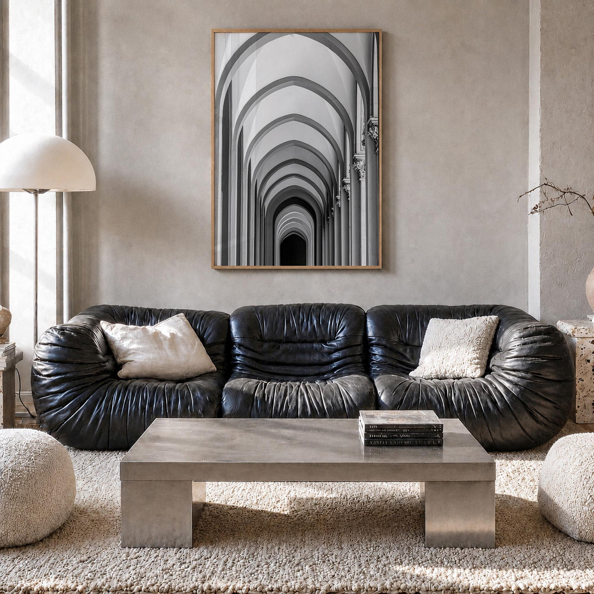 Archway no. 1 black & white photo poster – vertical wall art in natural wood frame, hanging on wall