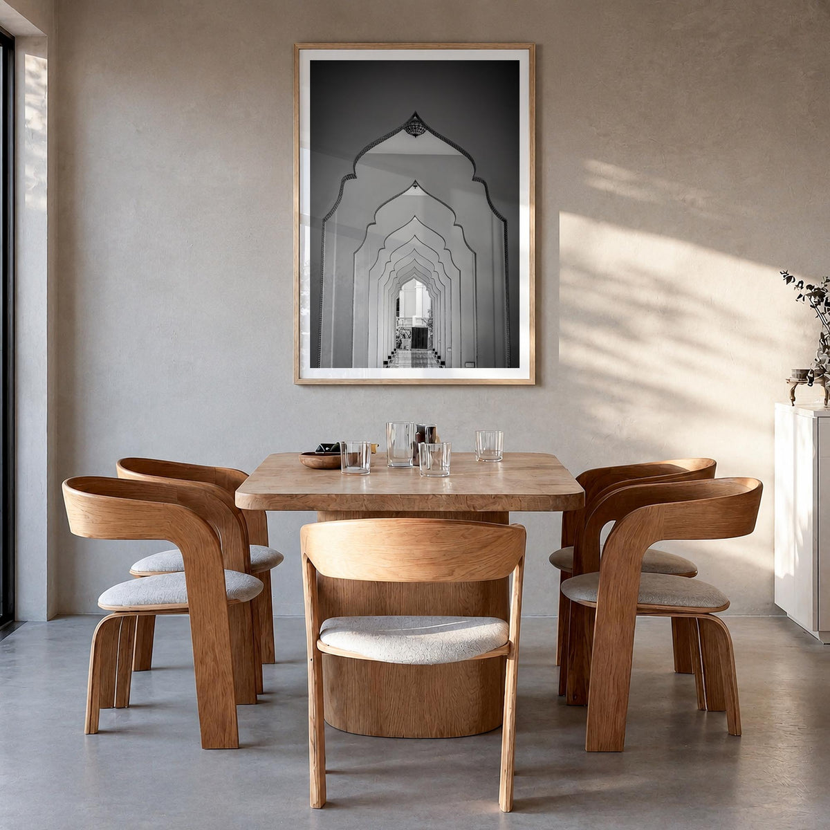 Archway no. 2 black & white photo poster – vertical wall art in natural wood frame with white border, hanging on wall