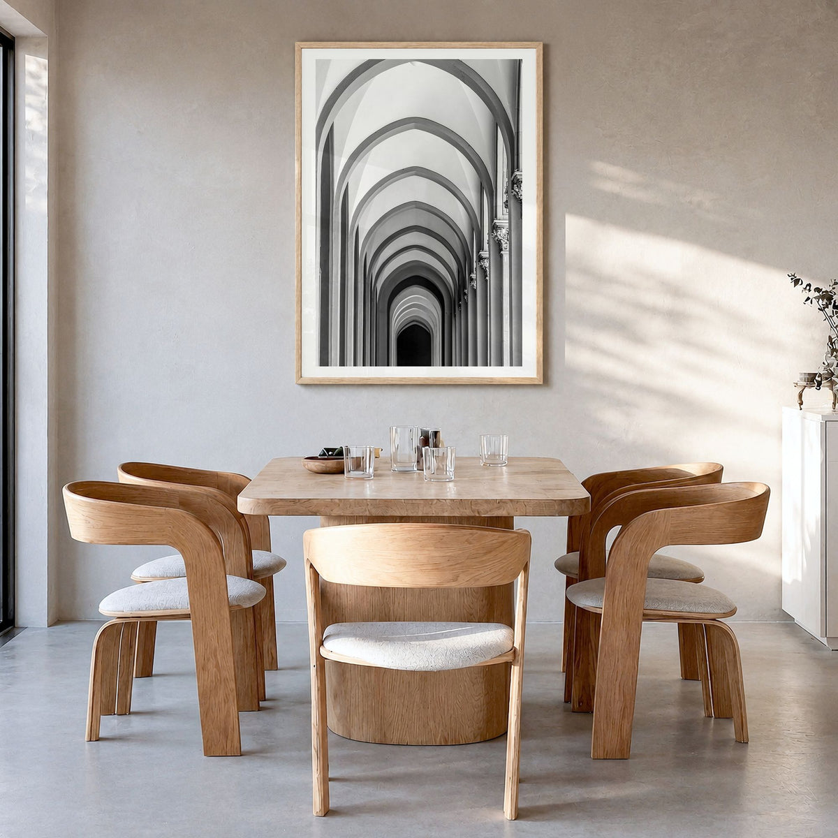 Archway Photo No 1 Poster in a natural wood frame, hanging in a dining room, white border
