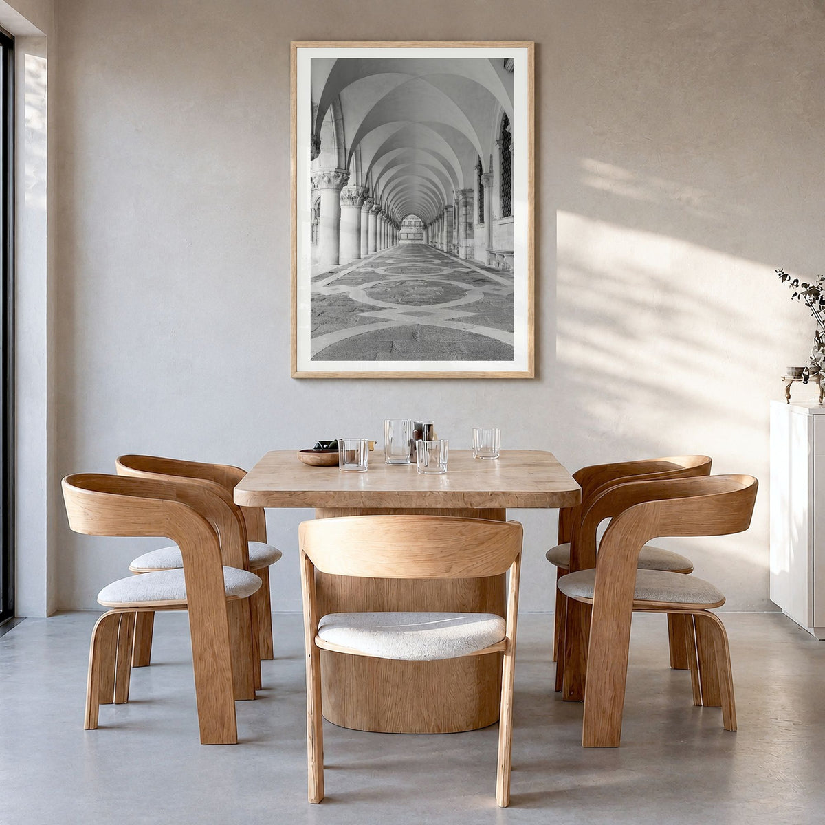 Archway Photo No 3 Poster in a natural wood frame, hanging in a dining room, white border