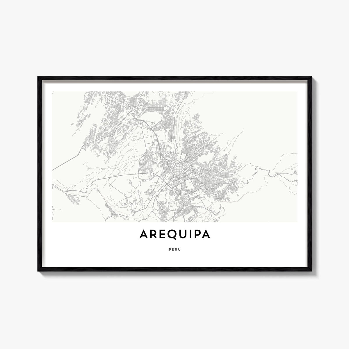 Arequipa black & white map poster of Peru – horizontal wall art, unframed print shown in interior mockup