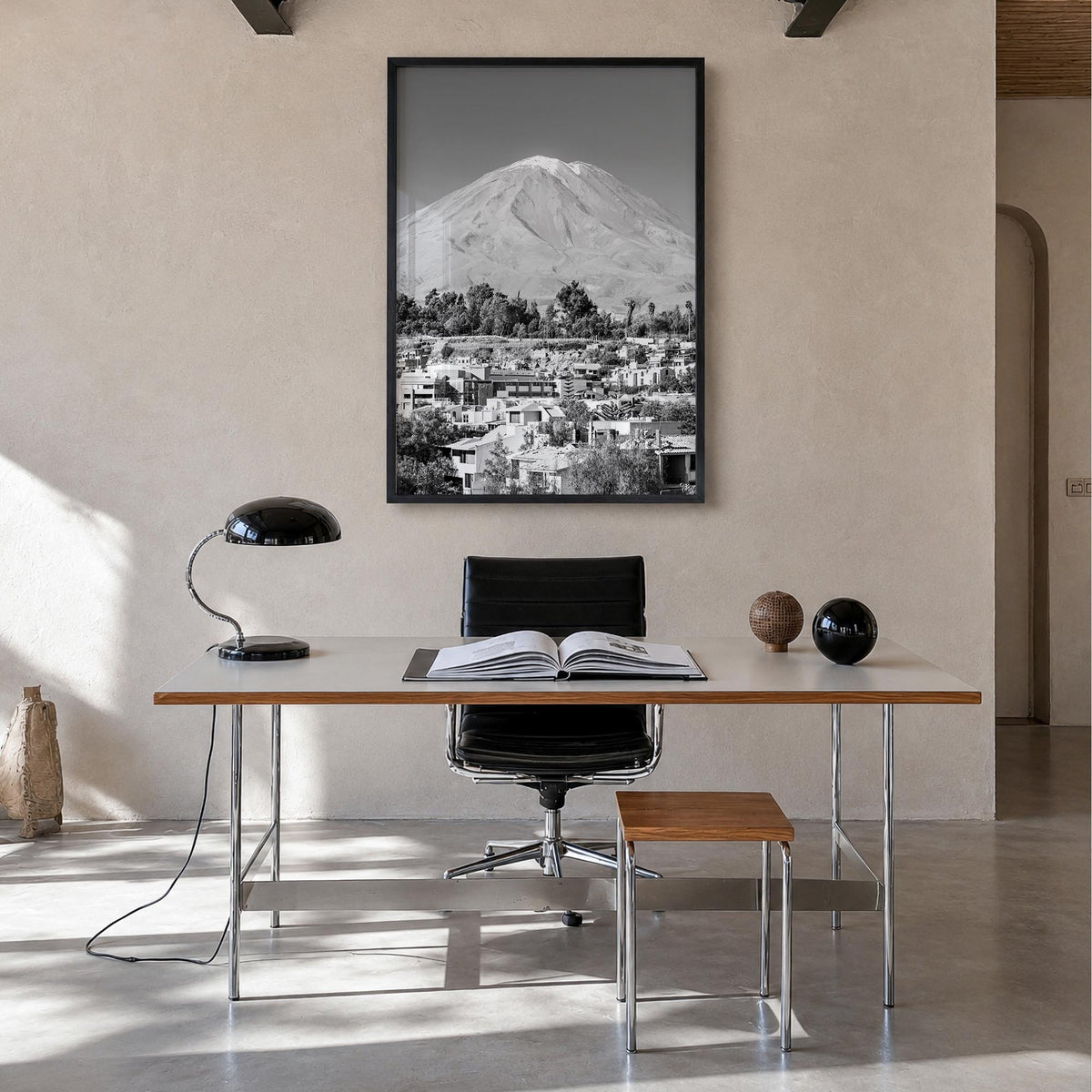 Arequipa black & white photo poster of Peru – vertical wall art in black wood frame, hanging on wall