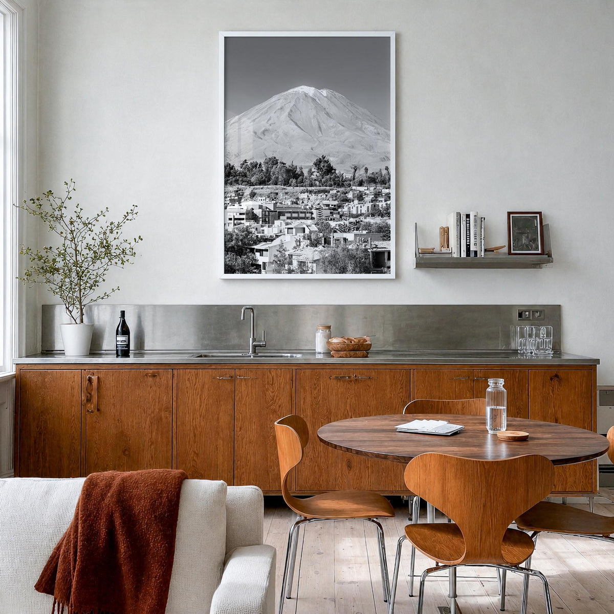 Arequipa black & white photo poster of Peru – vertical wall art in white wood frame, hanging on wall