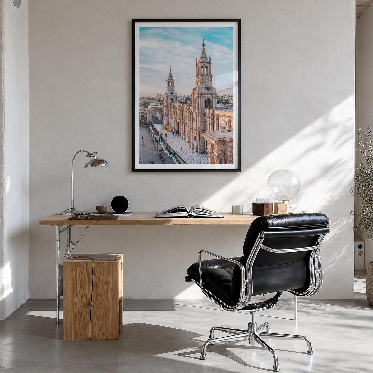 Arequipa colorful photo poster of Peru – vertical wall art in black wood frame with white border, hanging on wall