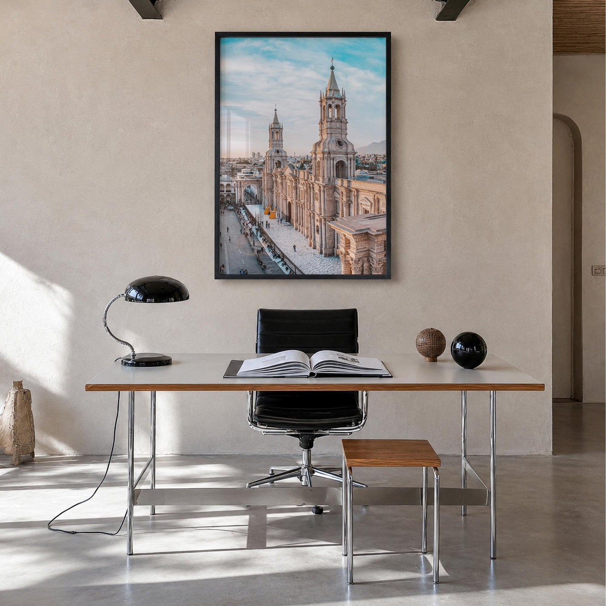 Arequipa colorful photo poster of Peru – vertical wall art in black wood frame, hanging on wall