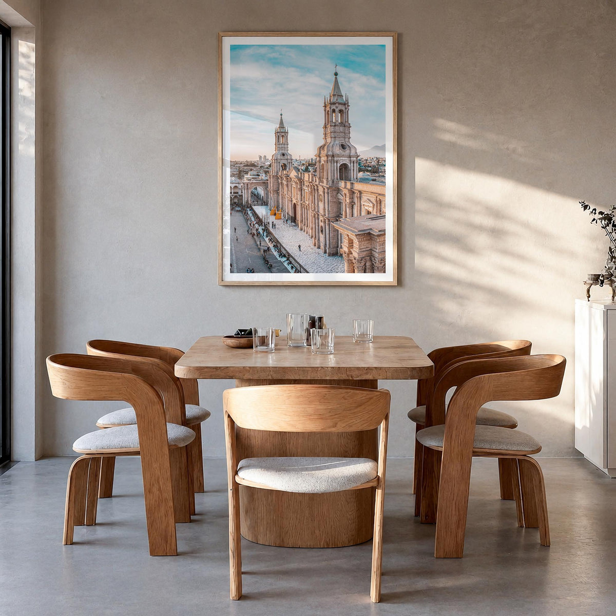 Arequipa colorful photo poster of Peru – vertical wall art in natural wood frame with white border, hanging on wall