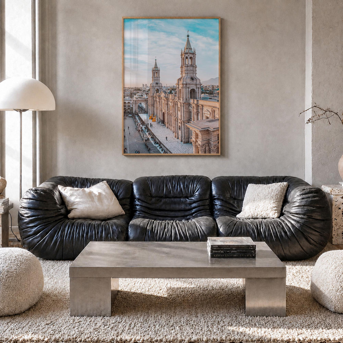 Arequipa colorful photo poster of Peru – vertical wall art in natural wood frame, hanging on wall