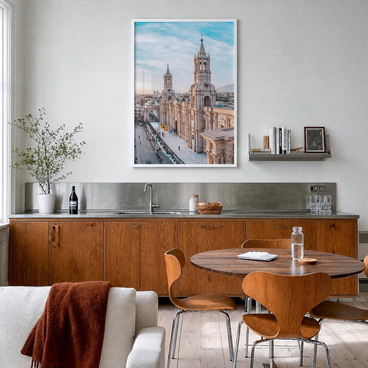 Arequipa colorful photo poster of Peru – vertical wall art in white wood frame, hanging on wall