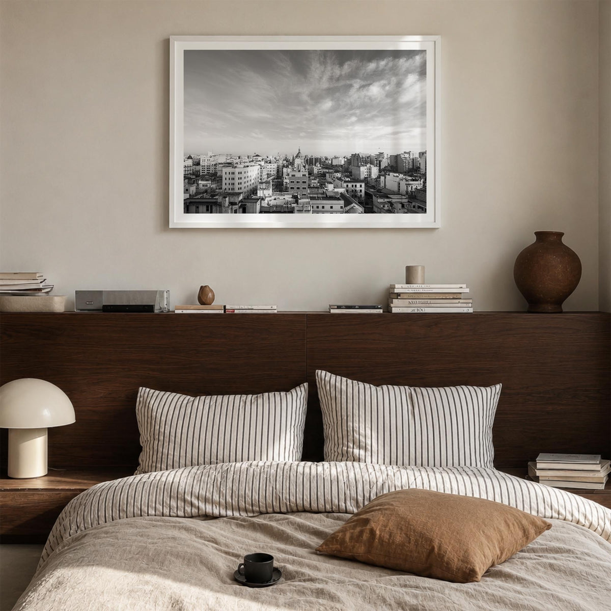 Argentina black & white photo poster of South America – horizontal wall art in white wood frame with white border, hanging on