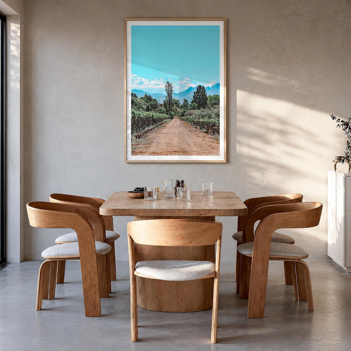 Argentina colorful photo poster of South America – vertical wall art in natural wood frame with white border, hanging on wall