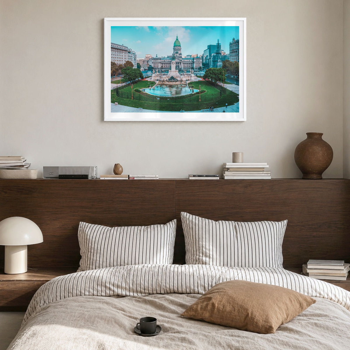Argentina Photo Poster in a white wood frame, hanging in a bedroom, white border