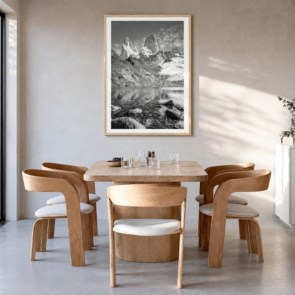 Argentina Photo Poster in a natural wood frame, hanging in a dining room, white border