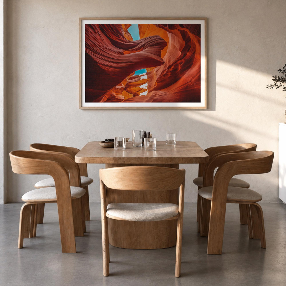 Arizona colorful photo poster of United States – horizontal wall art in natural wood frame with white border, hanging on wall