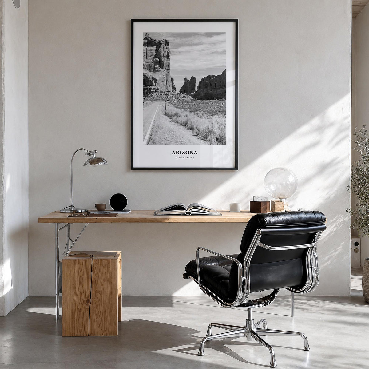Arizona no. 2 black & white classic poster of United States – vertical wall art in black wood frame, hanging on wall