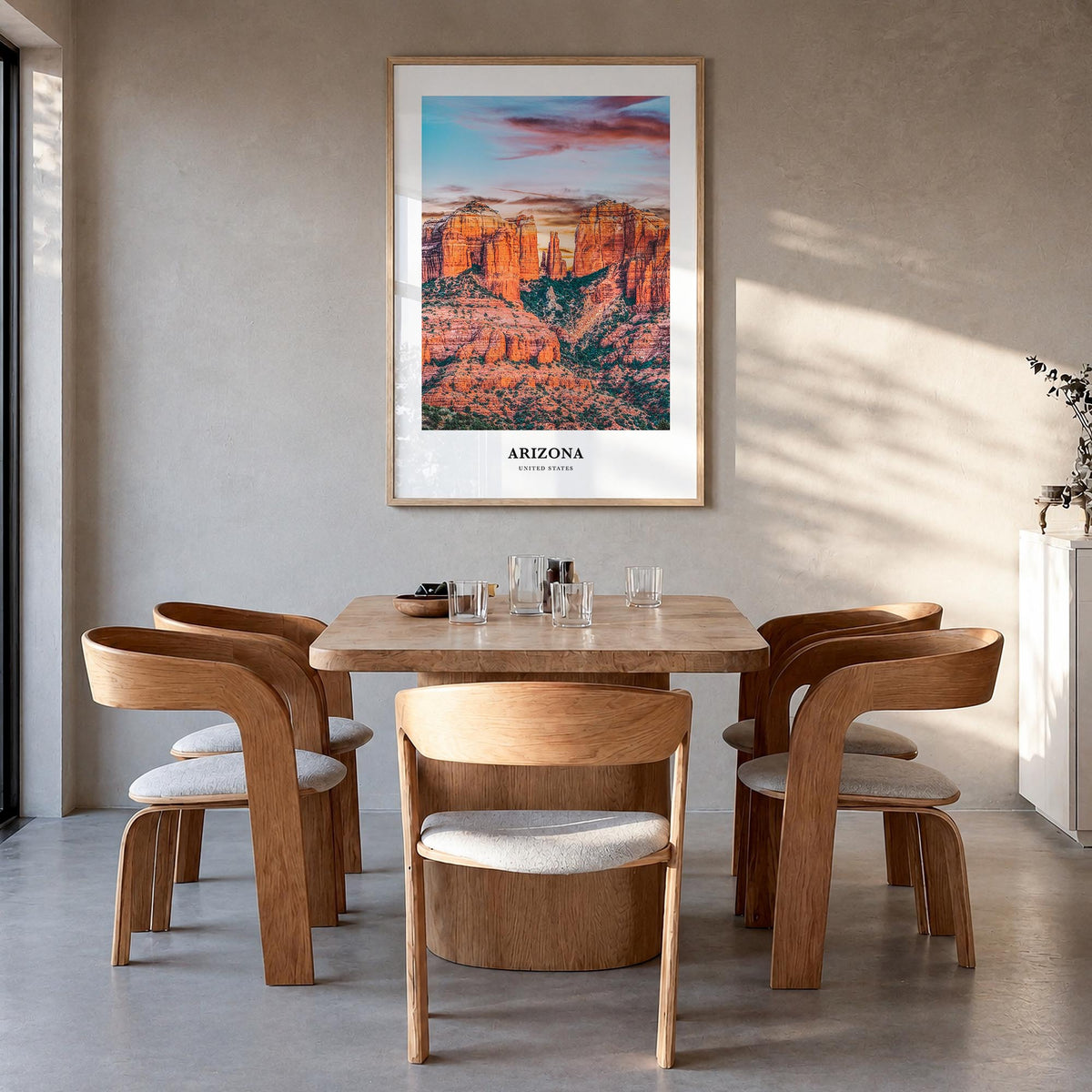 Arizona no. 2 colorful classic poster of United States – vertical wall art in natural wood frame, hanging on wall