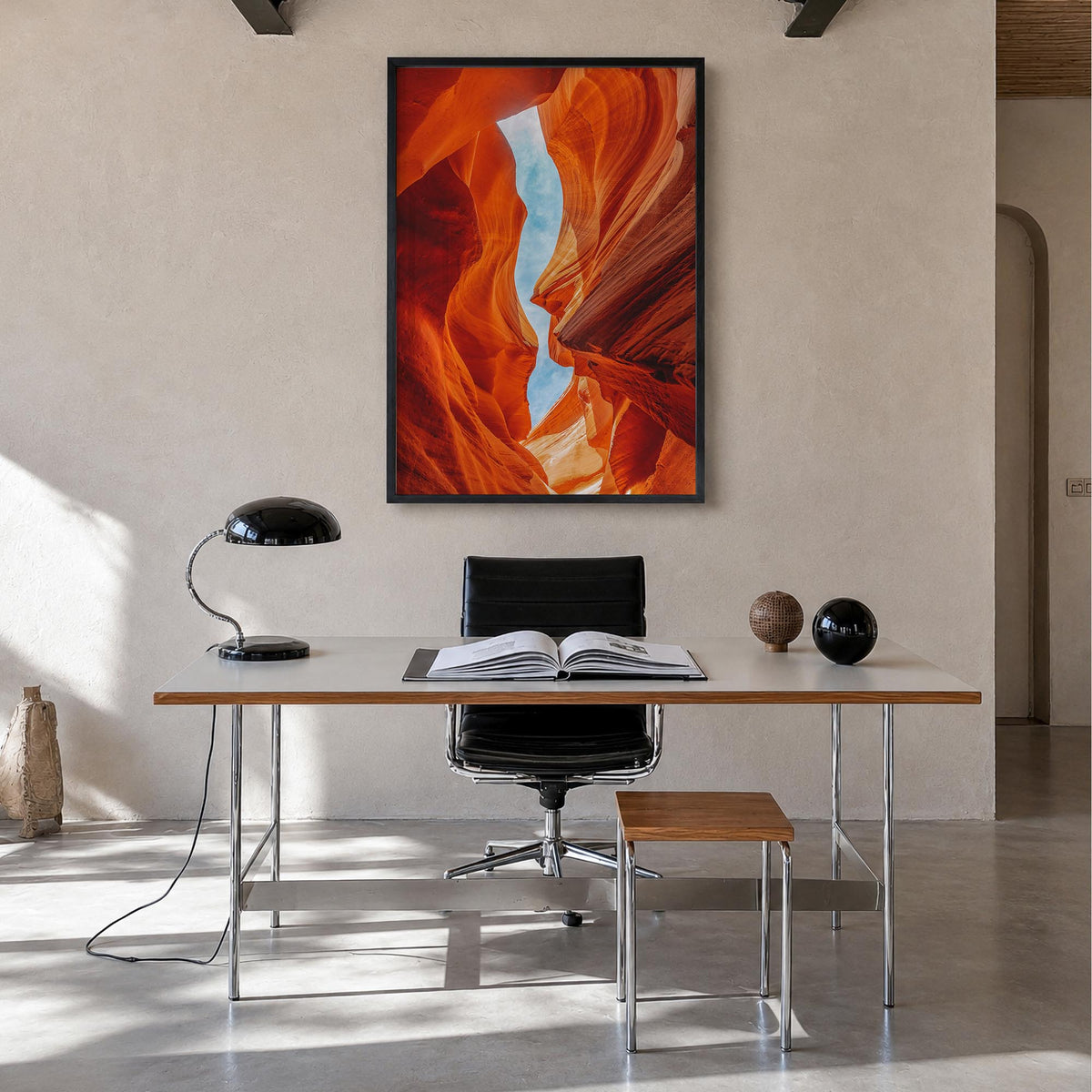 Arizona no. 2 colorful photo poster of United States – vertical wall art in black wood frame, hanging on wall