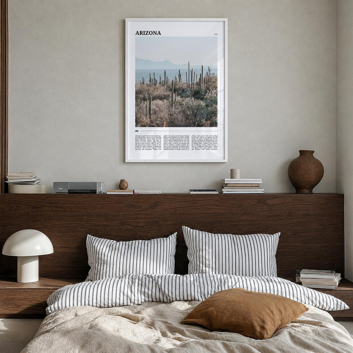 Arizona no. 3 colorful travel poster of United States – vertical wall art in white wood frame, hanging on wall