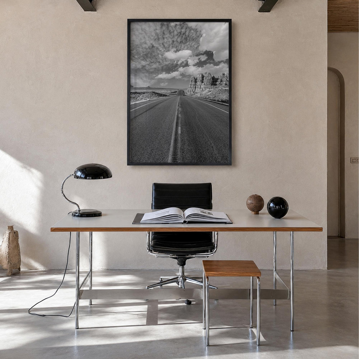 Arizona no. 6 black & white photo poster of USA – vertical wall art in black wood frame, hanging on wall