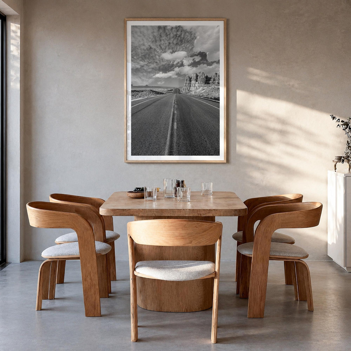 Arizona no. 6 black & white photo poster of USA – vertical wall art in natural wood frame with white border, hanging on wall