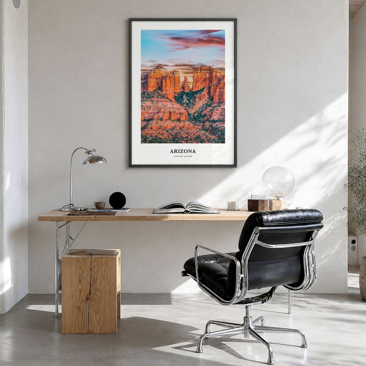 Arizona Classic No 2 Poster in a black wood frame, hanging in a bright home office