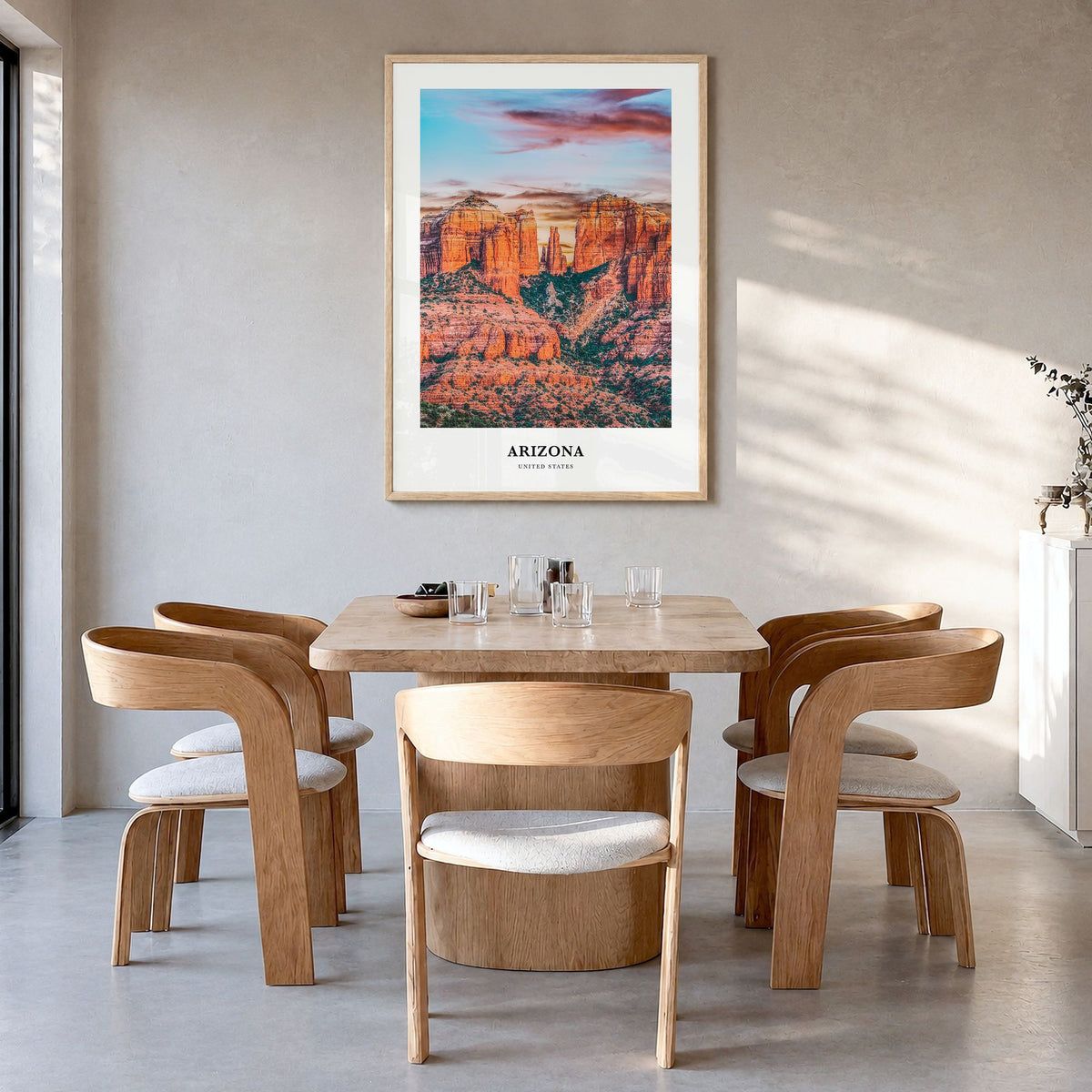 Arizona Classic No 2 Poster in a natural wood frame, hanging in a dining room