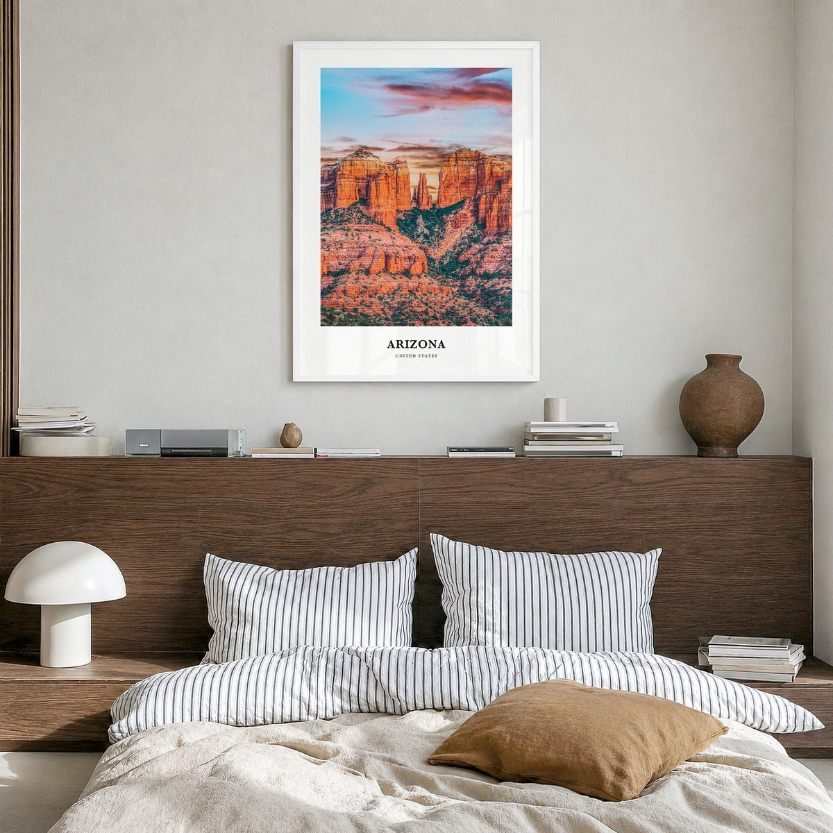 Arizona Classic No 2 Poster in a white wood frame, hanging in a bedroom