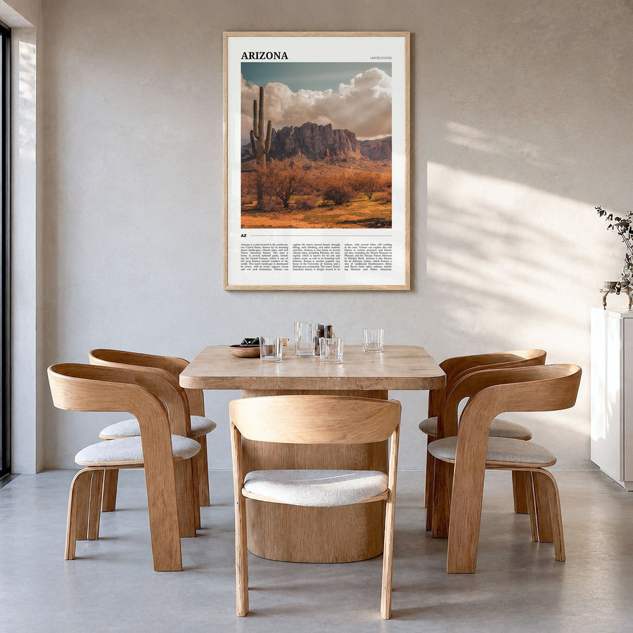Arizona Travel No 1 Poster in a natural wood frame, hanging in a dining room