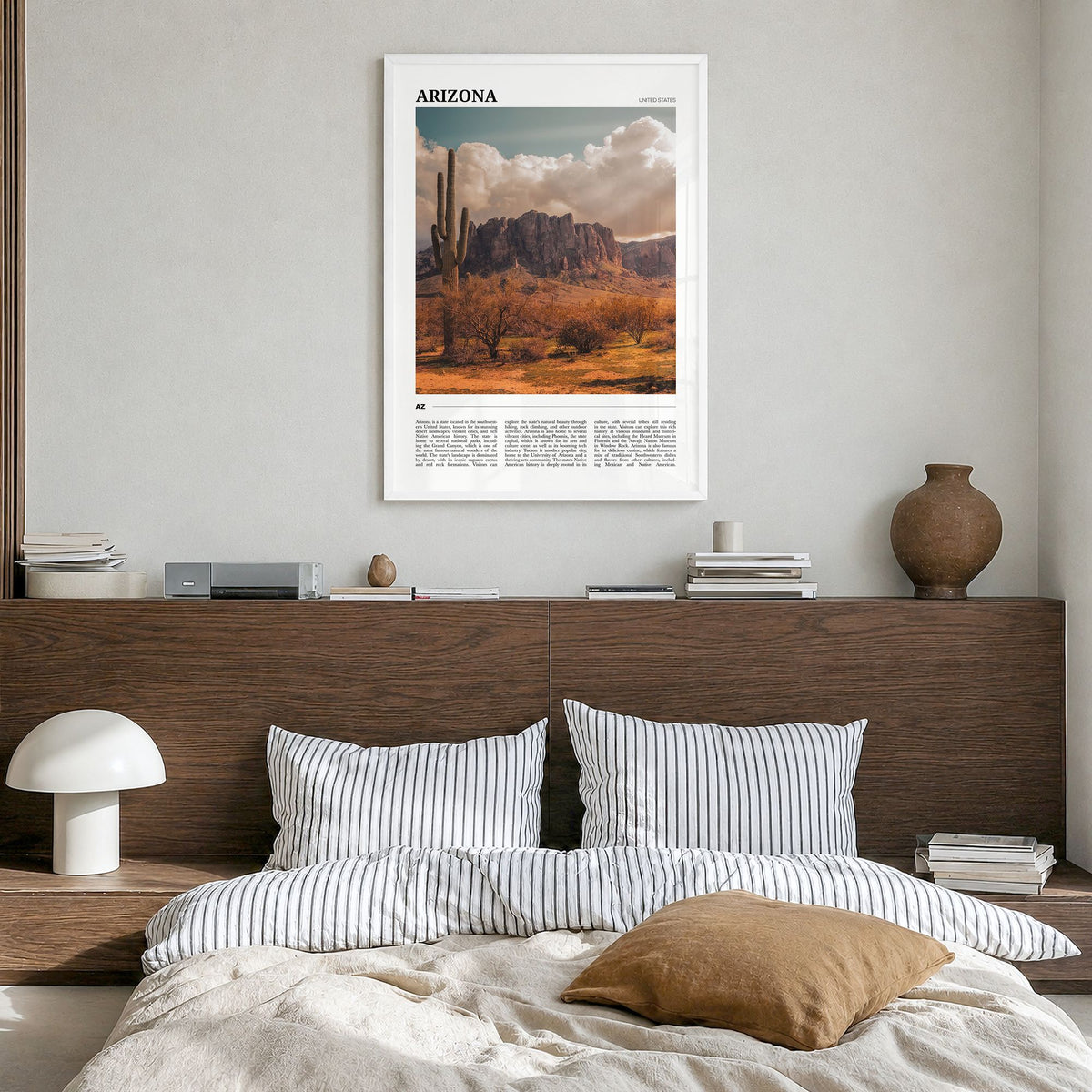 Arizona Travel No 1 Poster in a white wood frame, hanging in a bedroom