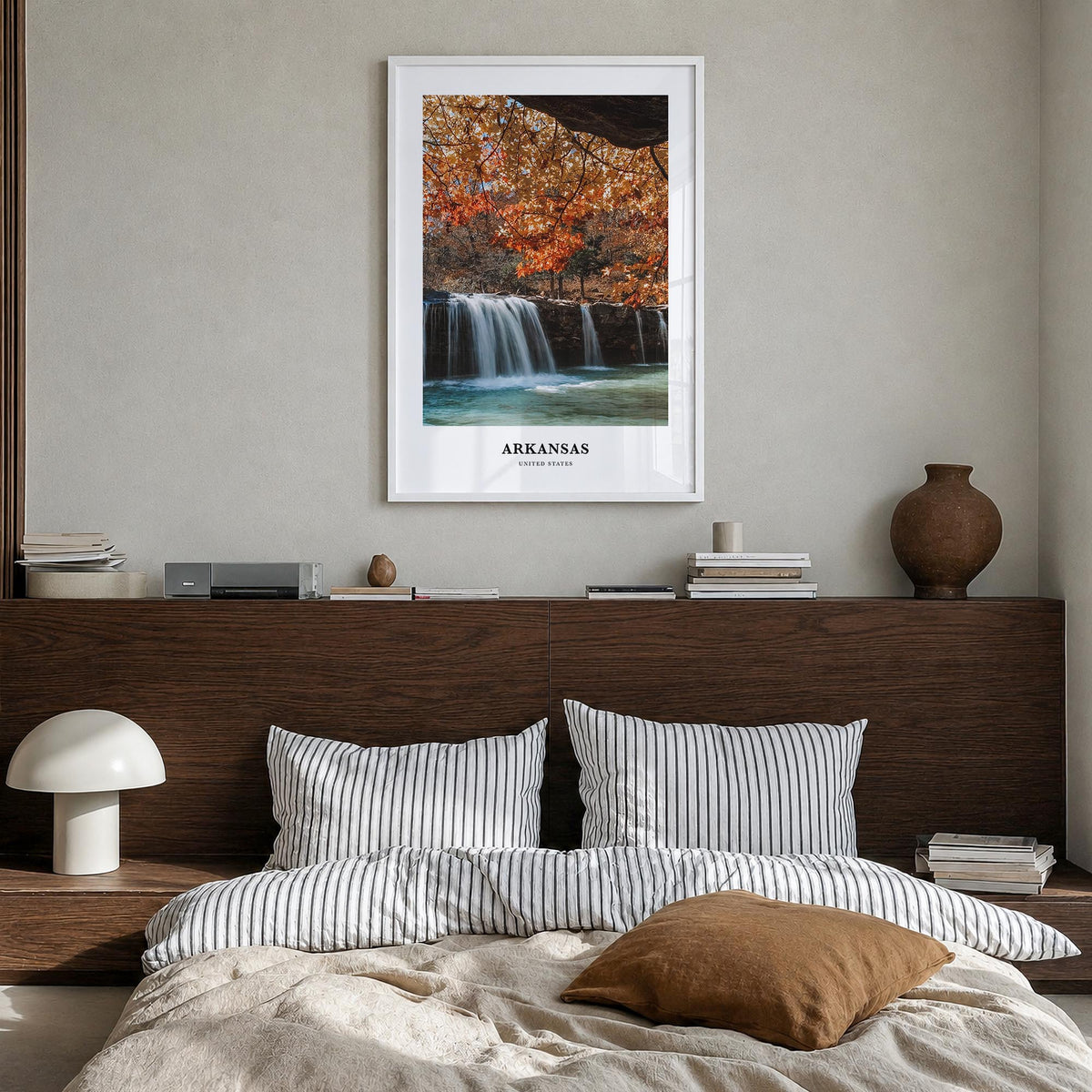 Arkansas colorful classic poster of United States – vertical wall art in white wood frame, hanging on wall