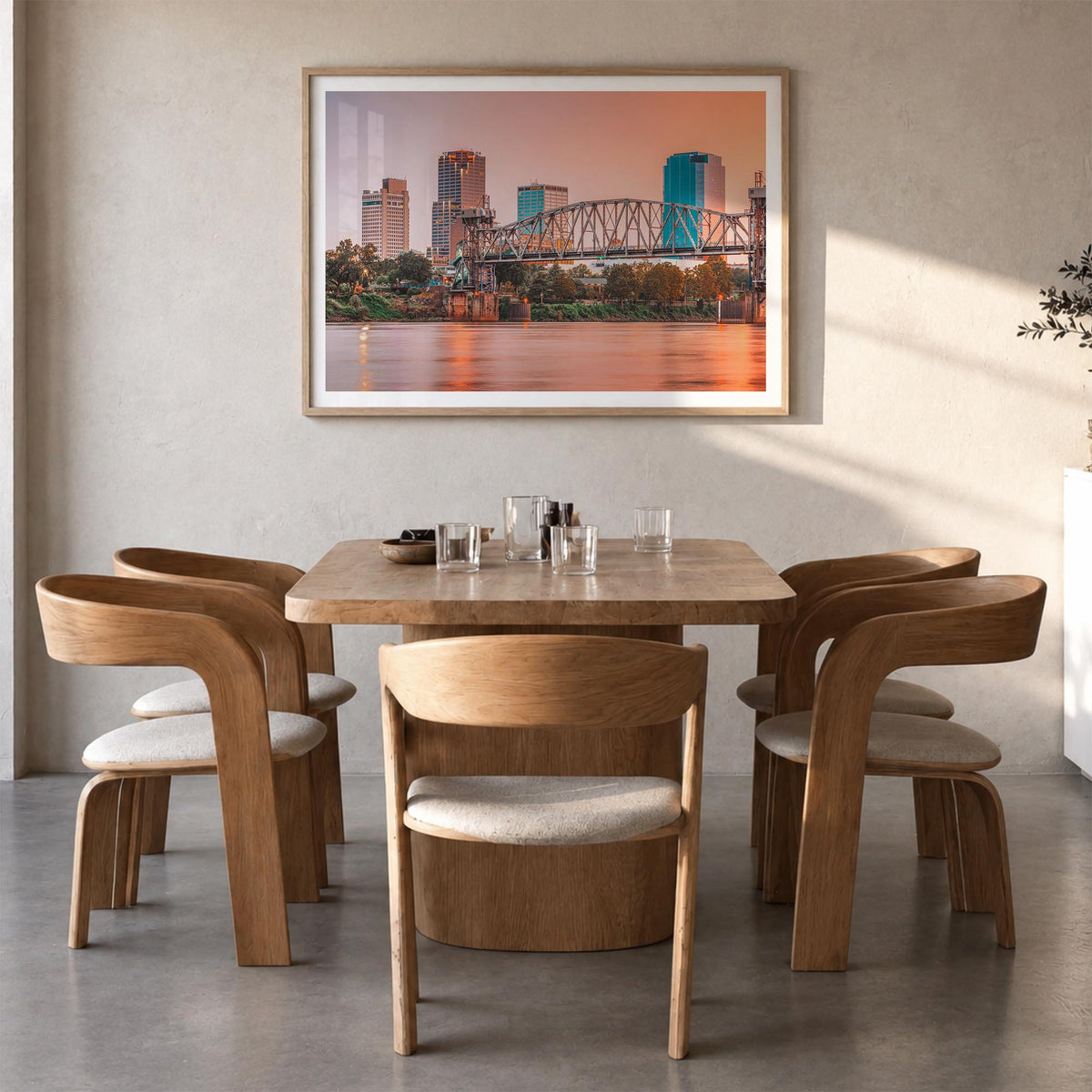 Arkansas colorful photo poster of United States – horizontal wall art in natural wood frame with white border, hanging on wal