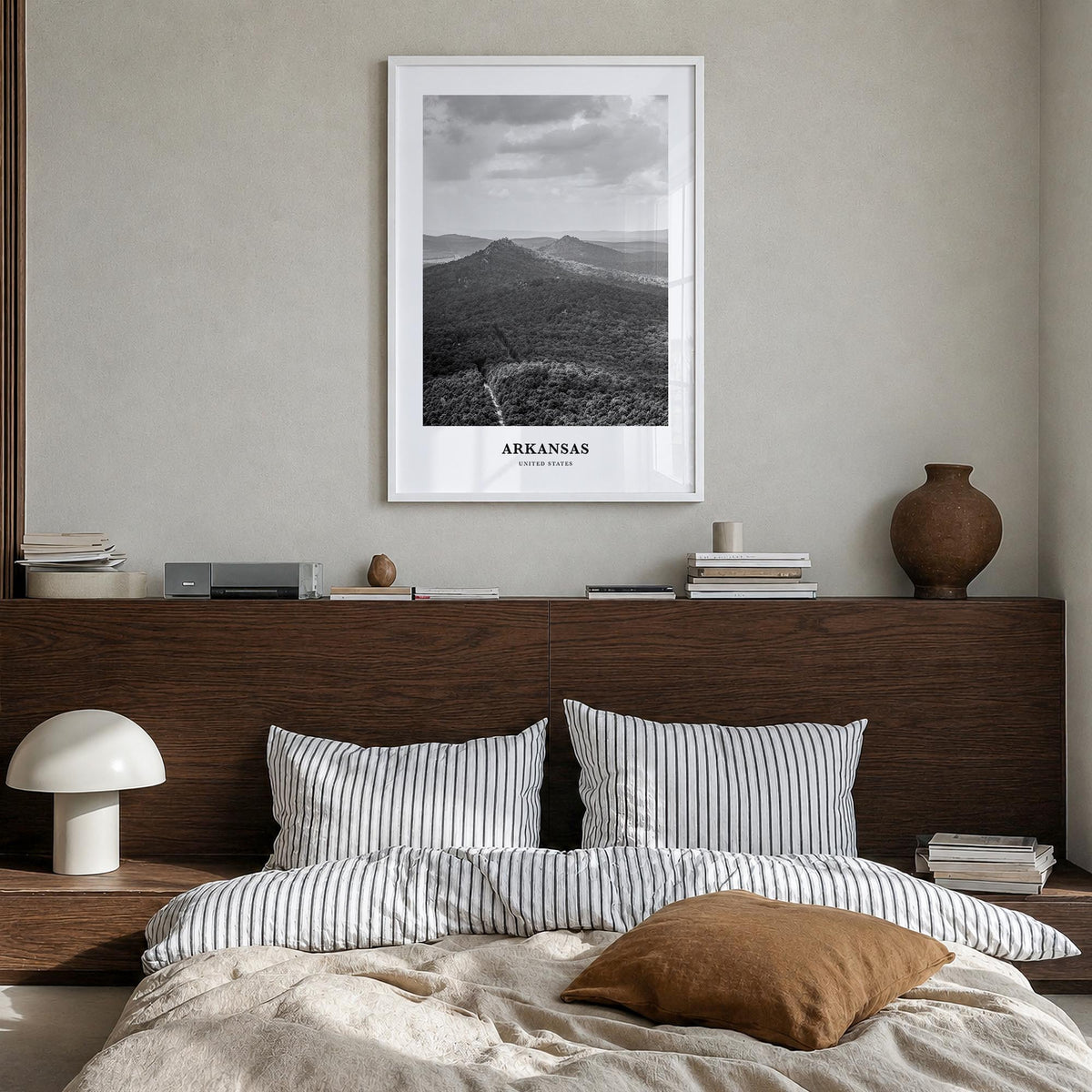Arkansas no. 1 black & white classic poster of United States – vertical wall art in white wood frame, hanging on wall