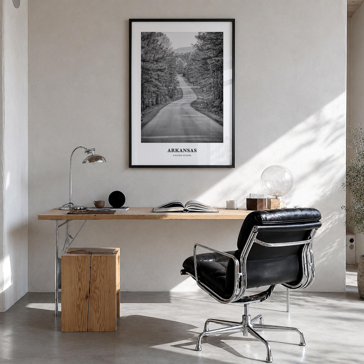 Arkansas no. 2 black & white classic poster of United States – vertical wall art in black wood frame, hanging on wall