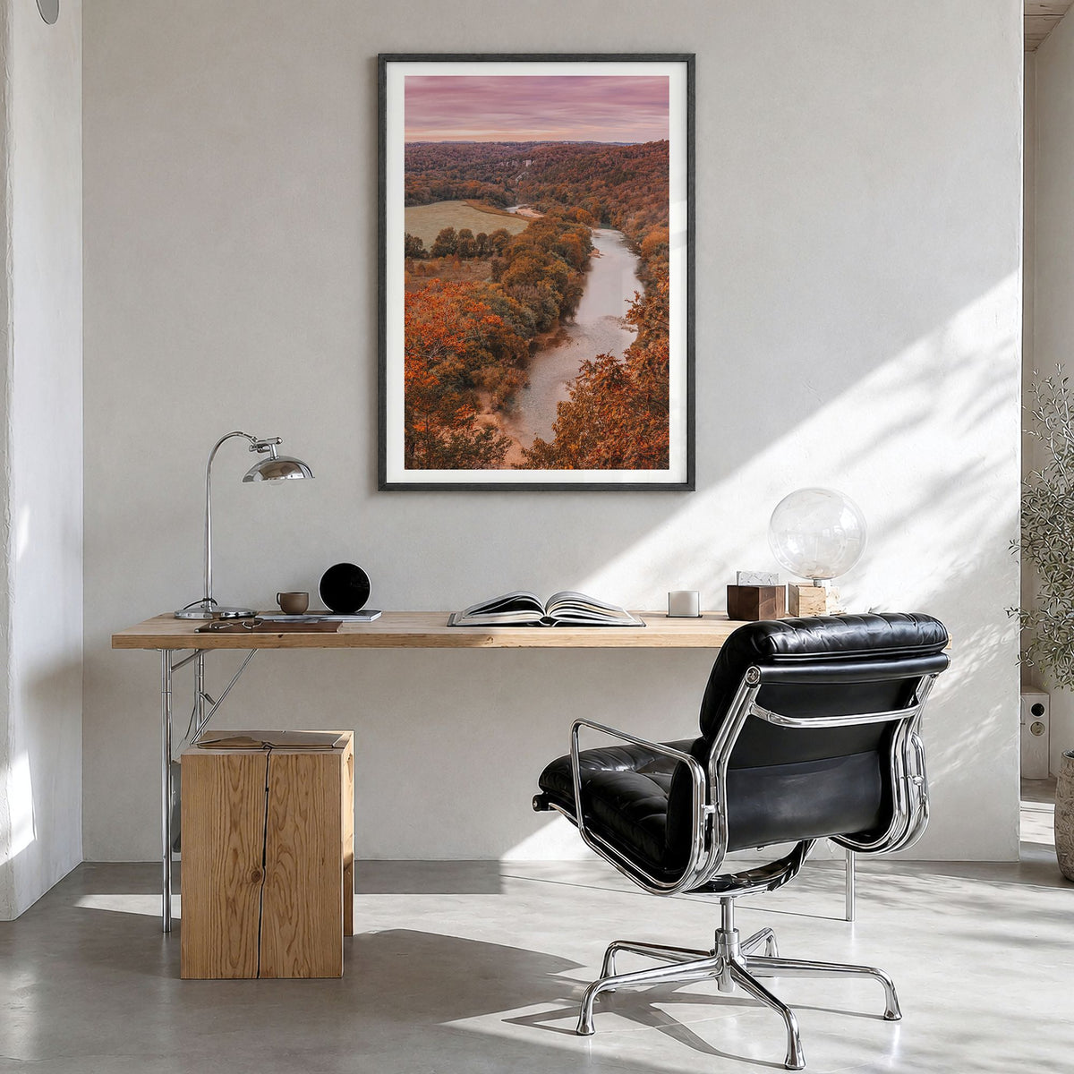Arkansas Photo No 2 Poster in a black wood frame, hanging in a bright home office, white border
