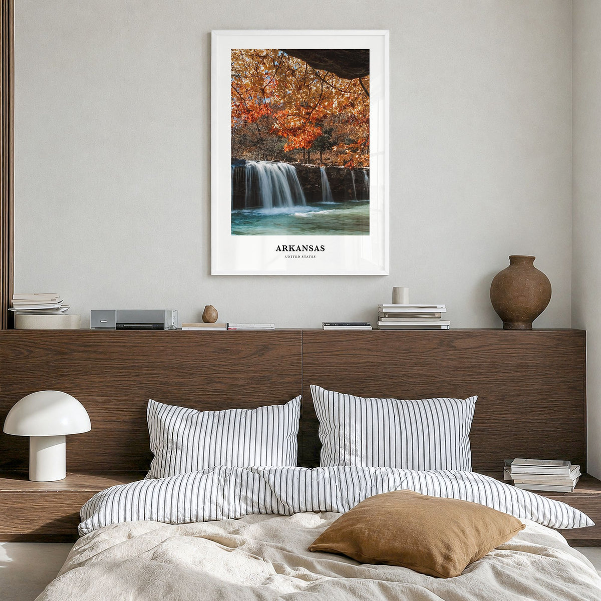 Arkansas Classic Poster in a white wood frame, hanging in a bedroom