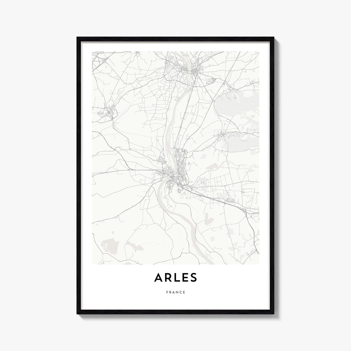 Arles black & white map poster of France – vertical wall art, unframed print shown in interior mockup