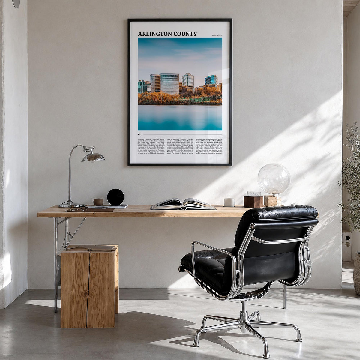 Arlington County, Virginia colorful travel poster of Virginia, USA – vertical wall art in black wood frame, hanging on wall