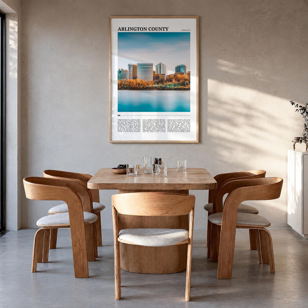 Arlington County, Virginia colorful travel poster of Virginia, USA – vertical wall art in natural wood frame, hanging on wall