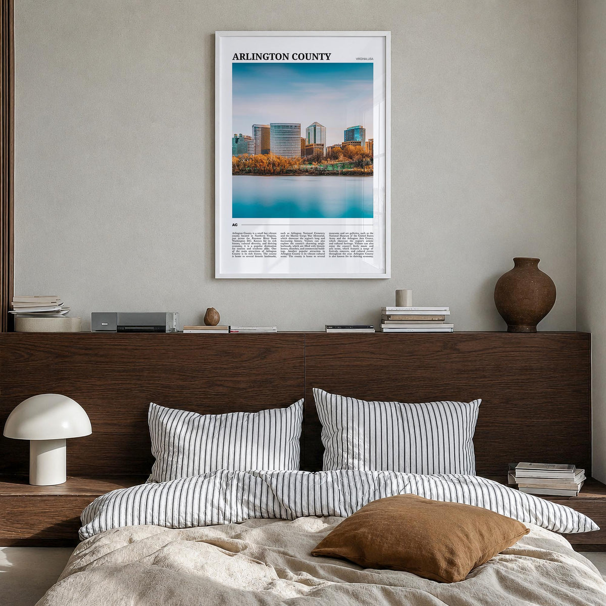 Arlington County, Virginia colorful travel poster of Virginia, USA – vertical wall art in white wood frame, hanging on wall