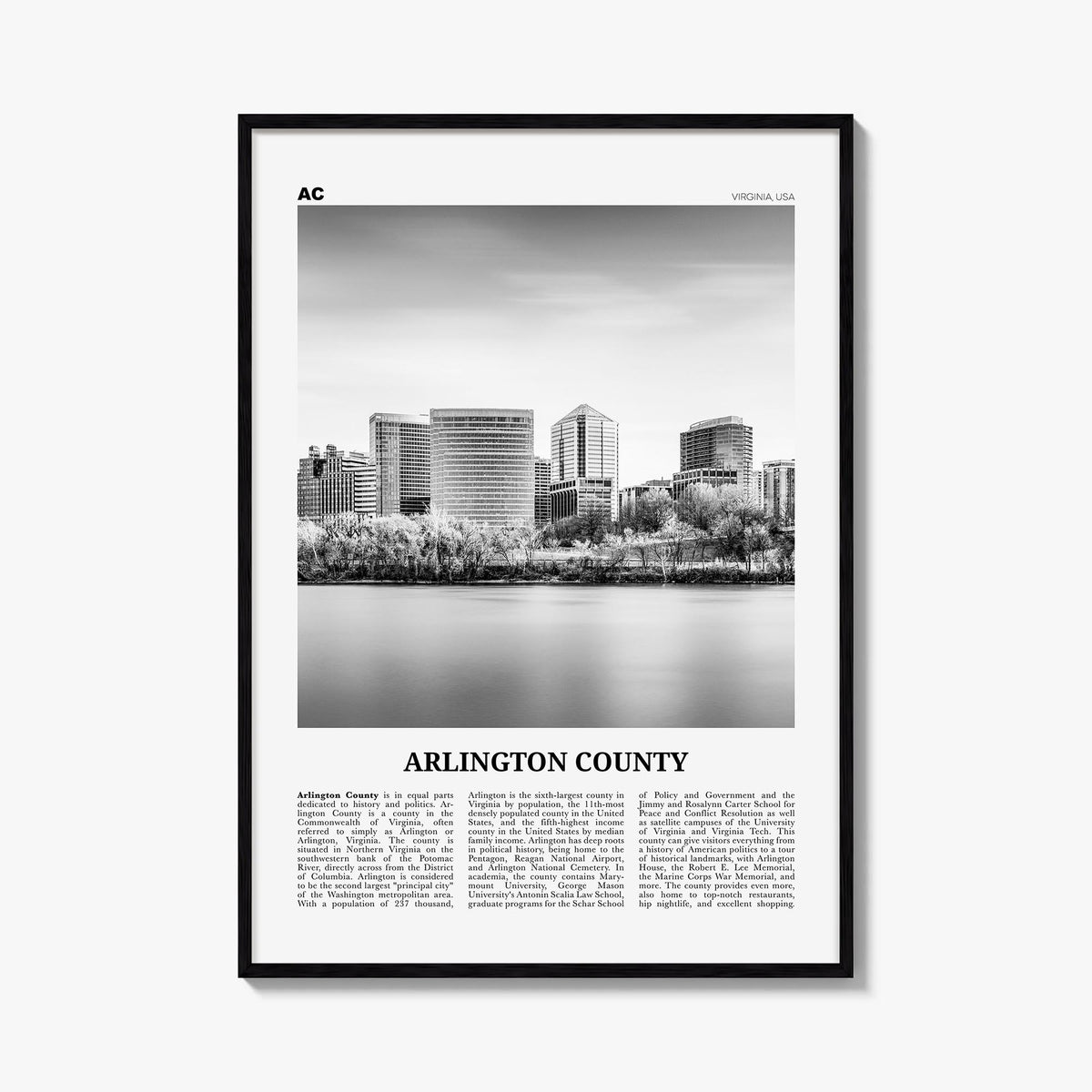 Arlington County, Virginia no. 1 black & white newspaper poster of Virginia, USA – vertical wall art, unframed print shown in