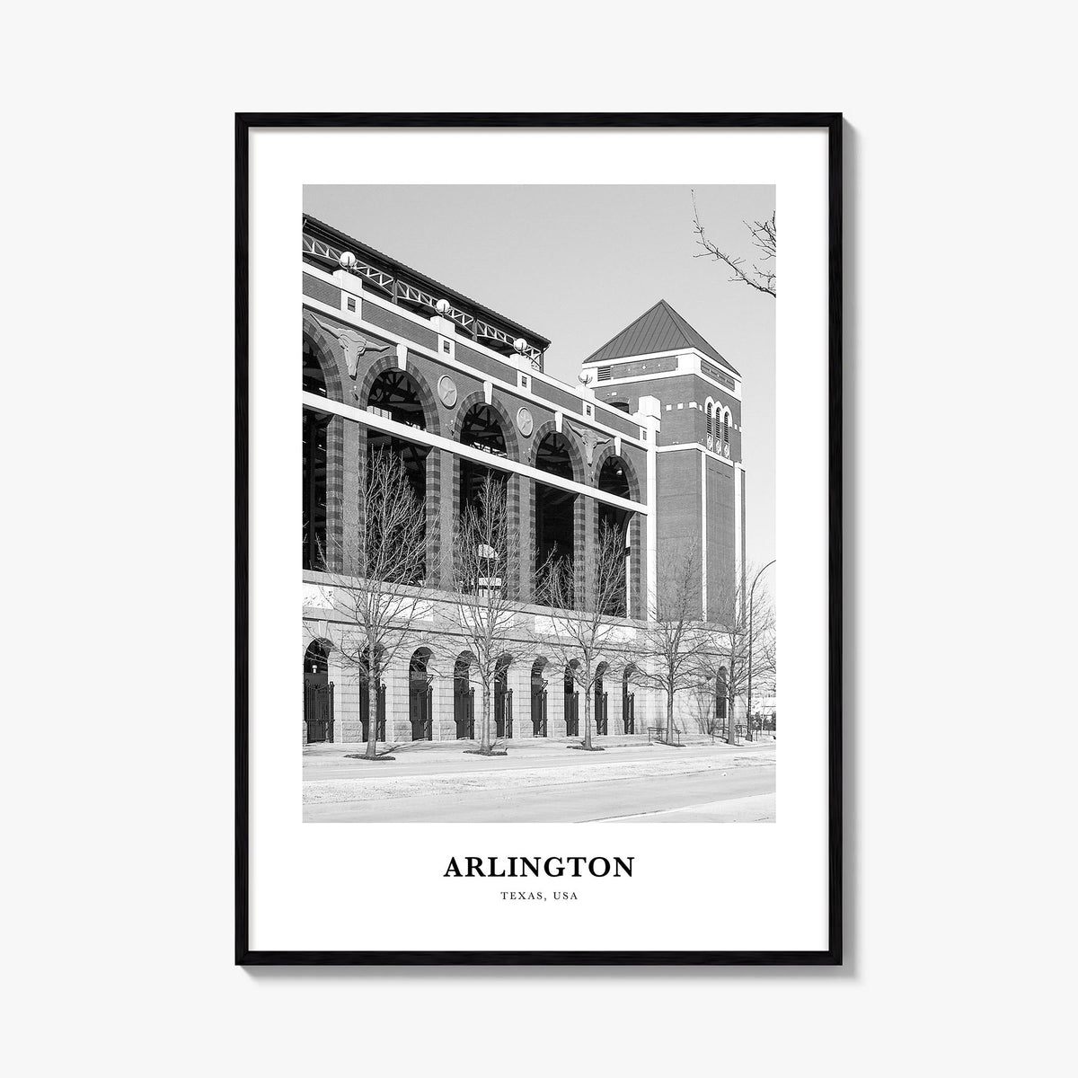 Arlington, Texas black & white classic poster of Texas, USA – vertical wall art, unframed print shown in interior mockup