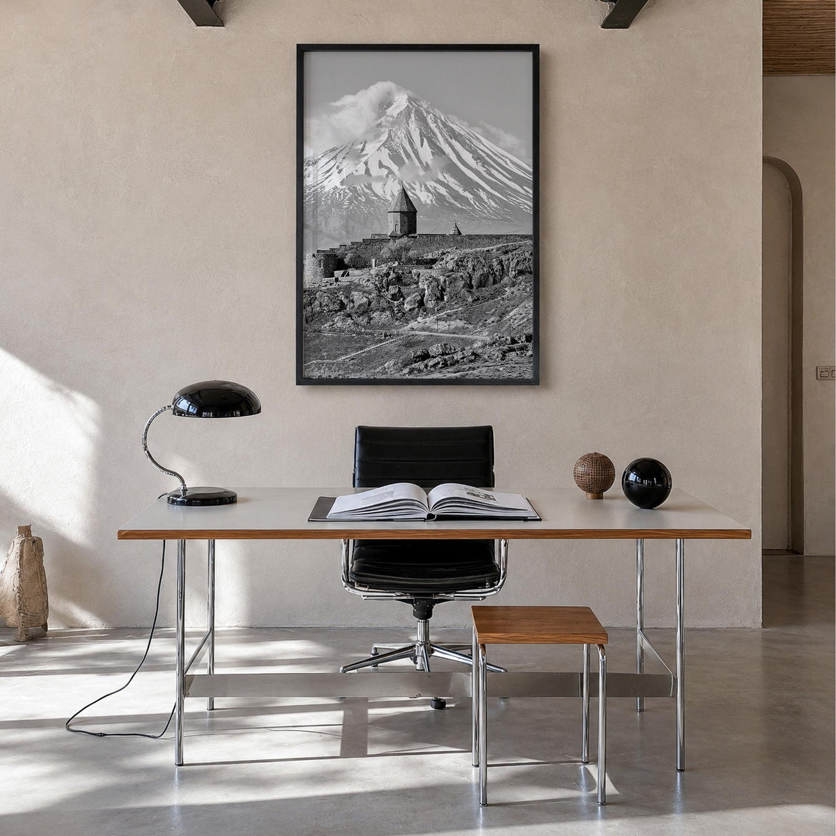 Armenia black & white photo poster of Asia – vertical wall art in black wood frame, hanging on wall