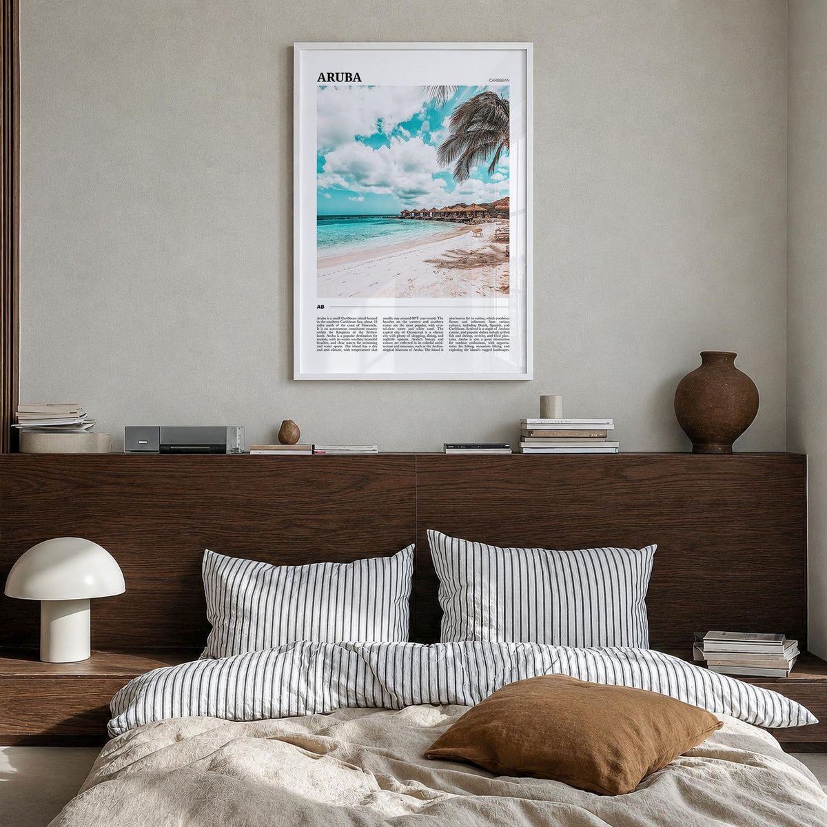 Aruba colorful travel poster of Caribbean – vertical wall art in white wood frame, hanging on wall