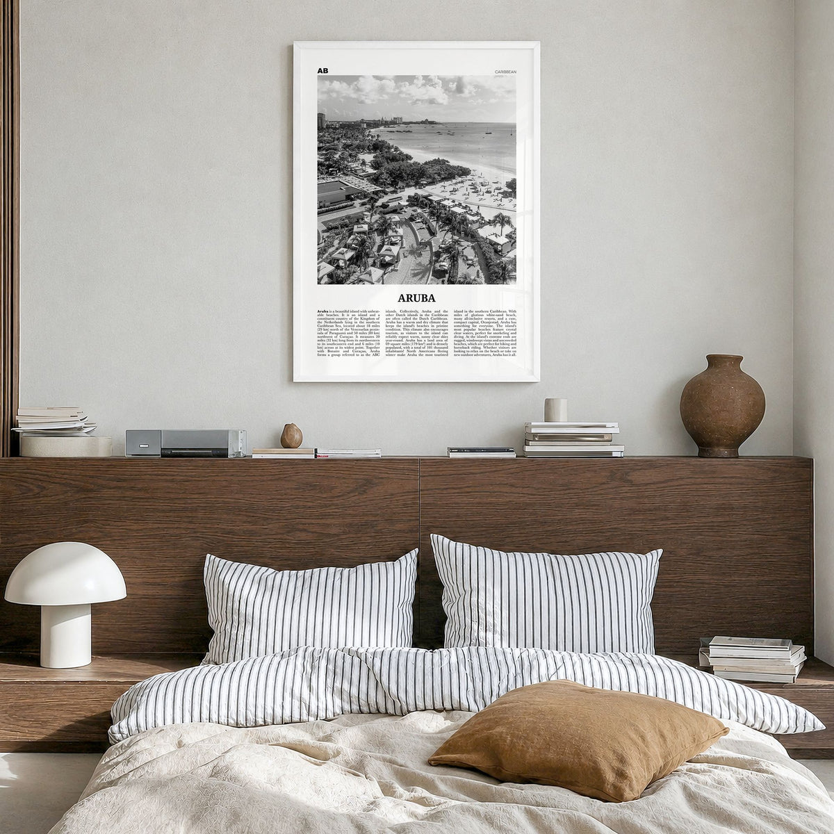 Aruba Newspaper No 2 Poster in a white wood frame, hanging in a bedroom