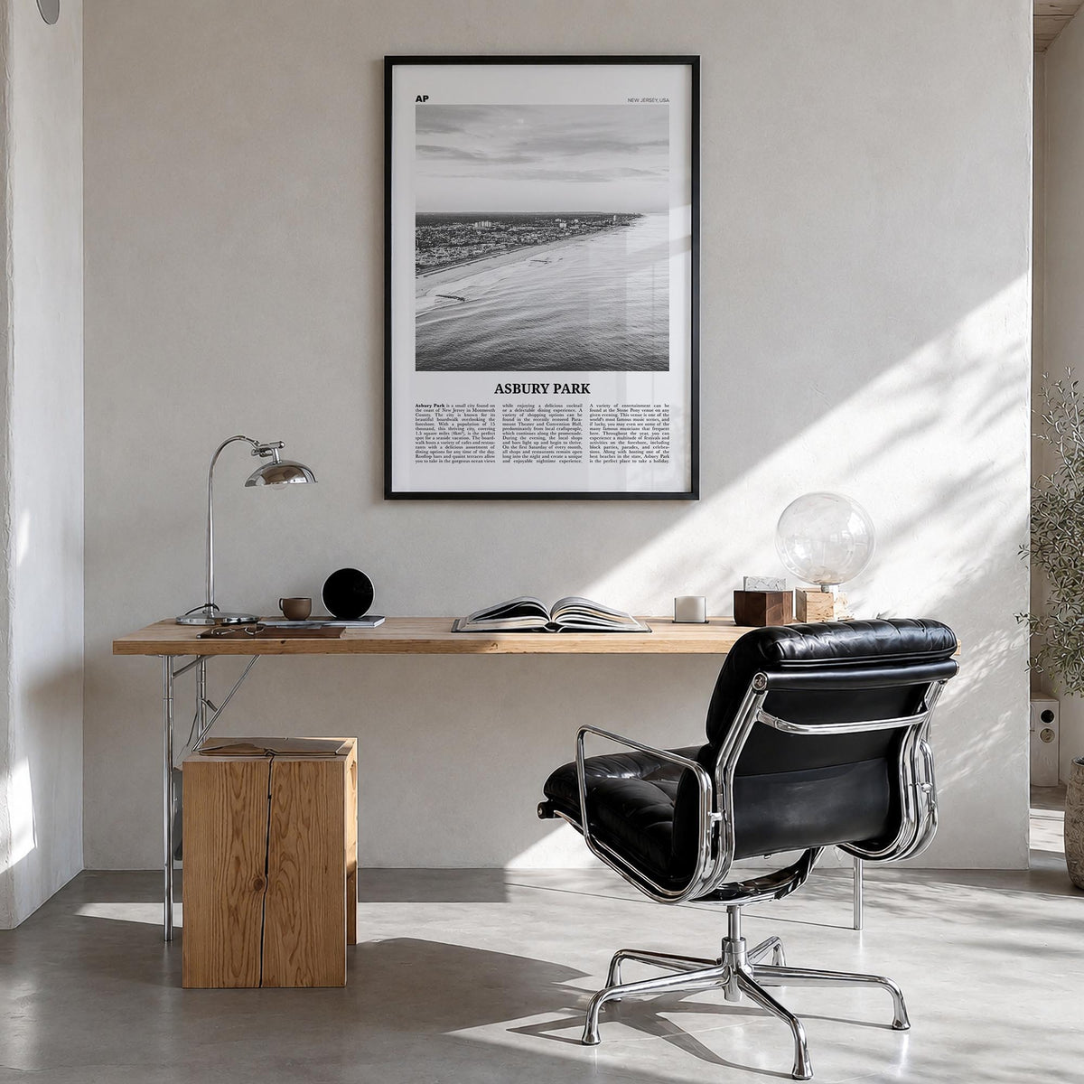 Asbury Park black & white newspaper poster of New Jersey, USA – vertical wall art in black wood frame, hanging on wall