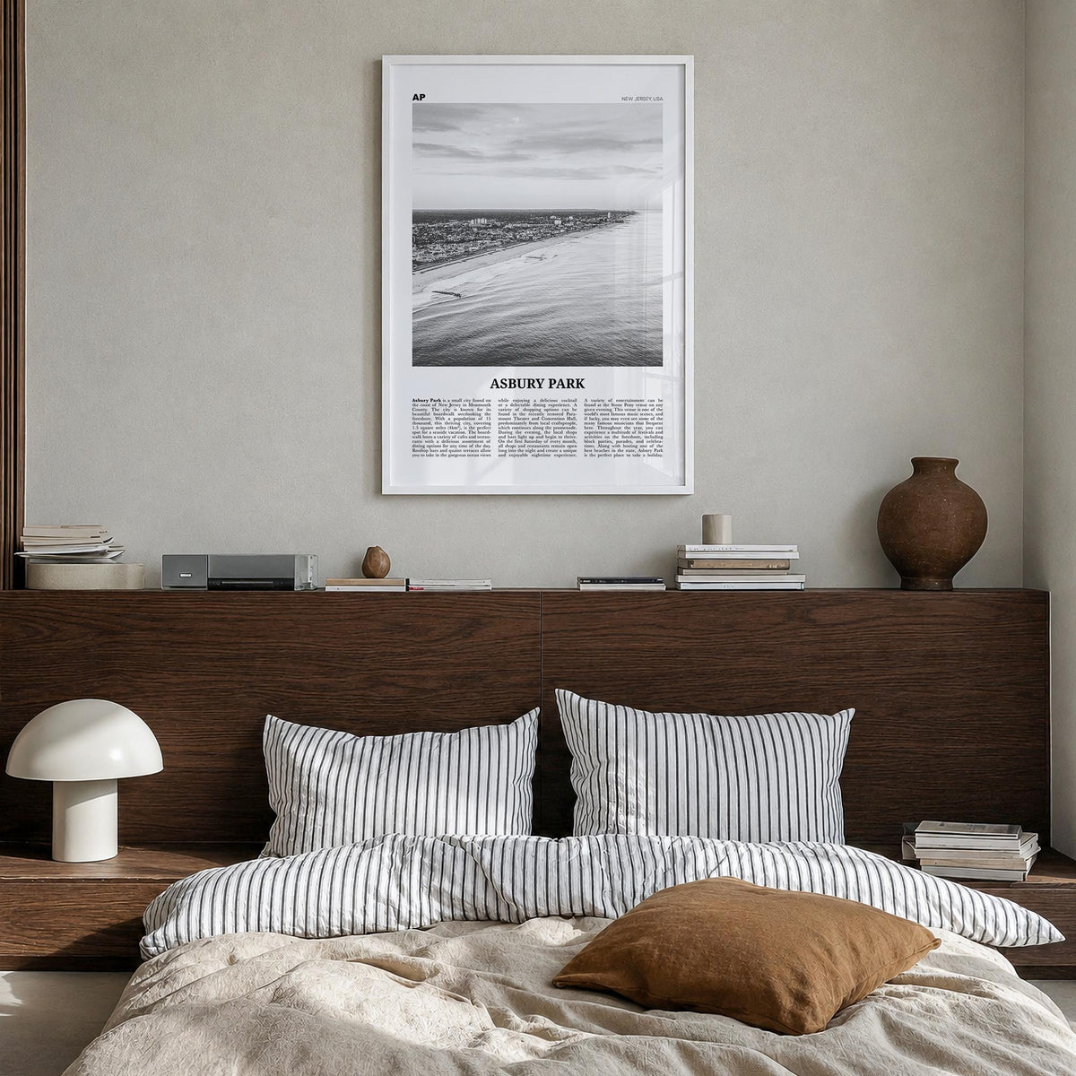 Asbury Park black & white newspaper poster of New Jersey, USA – vertical wall art in white wood frame, hanging on wall