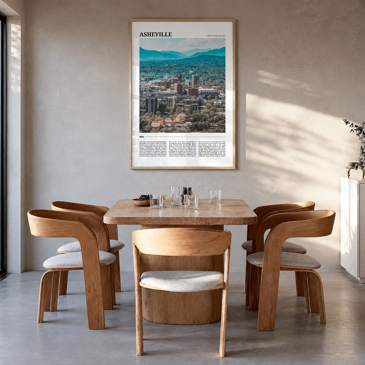 Asheville colorful travel poster of North Carolina, USA – vertical wall art in natural wood frame, hanging on wall