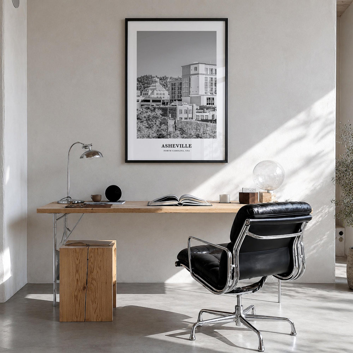 Asheville no. 1 black & white classic poster of North Carolina, USA – vertical wall art in black wood frame, hanging on wall
