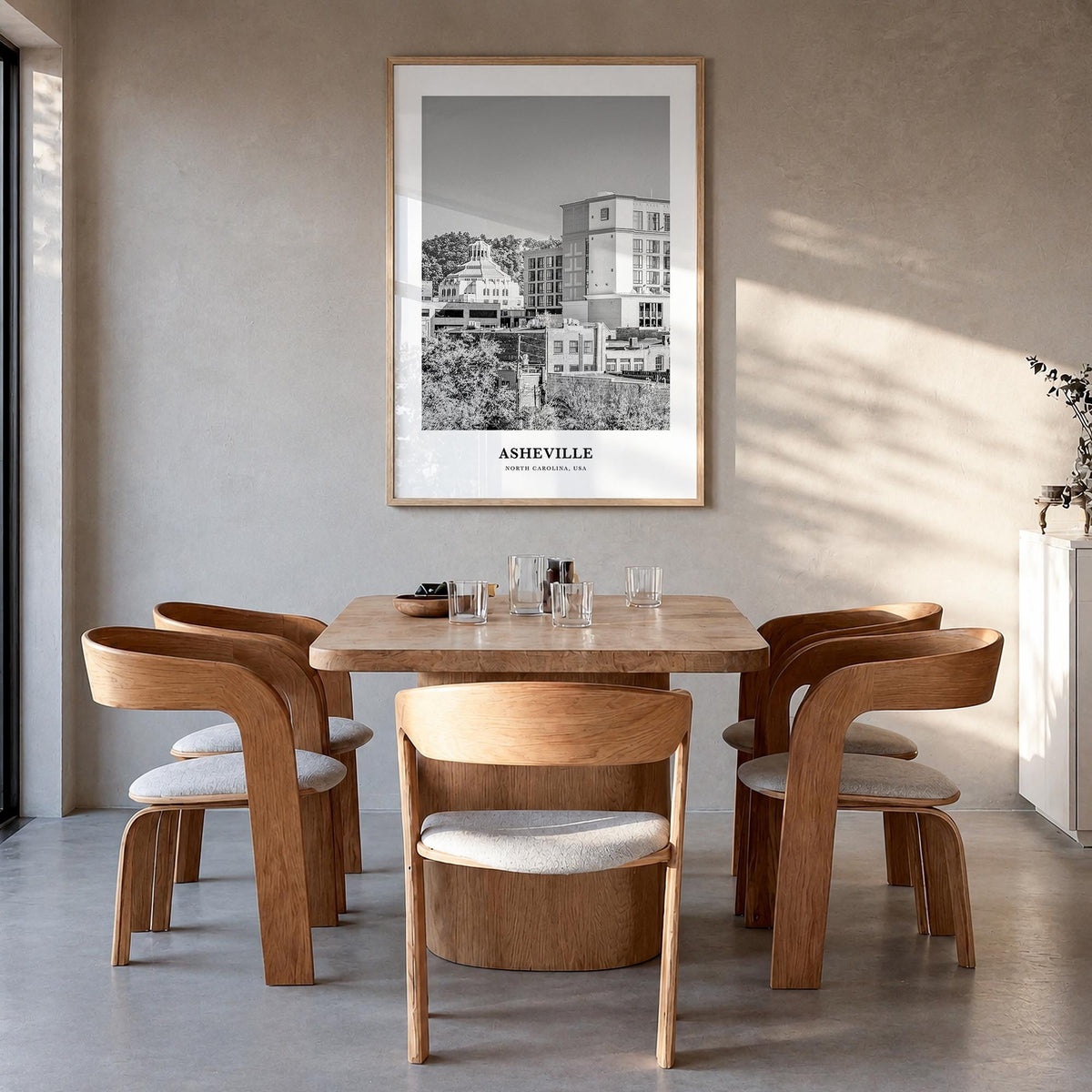 Asheville no. 1 black & white classic poster of North Carolina, USA – vertical wall art in natural wood frame, hanging on wal